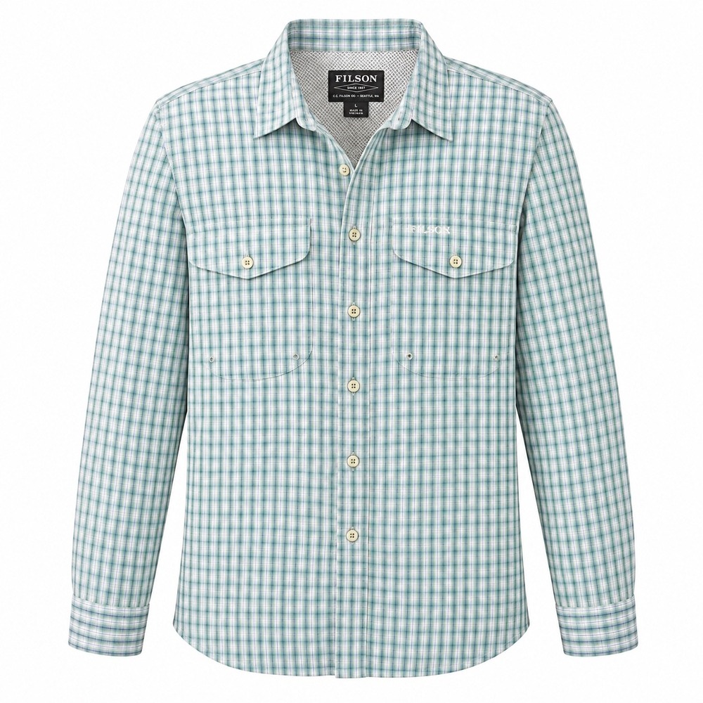 Filson Twin Lakes Sport Shirt Vented Plaid Large Green Hiking Fishing Technical